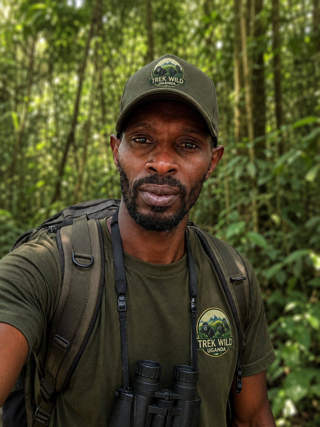 Herbert Muzoora, co-founder of Biikuya Trails Uganda, in Biikuya Trails Uganda branded cap and shirt in the forest