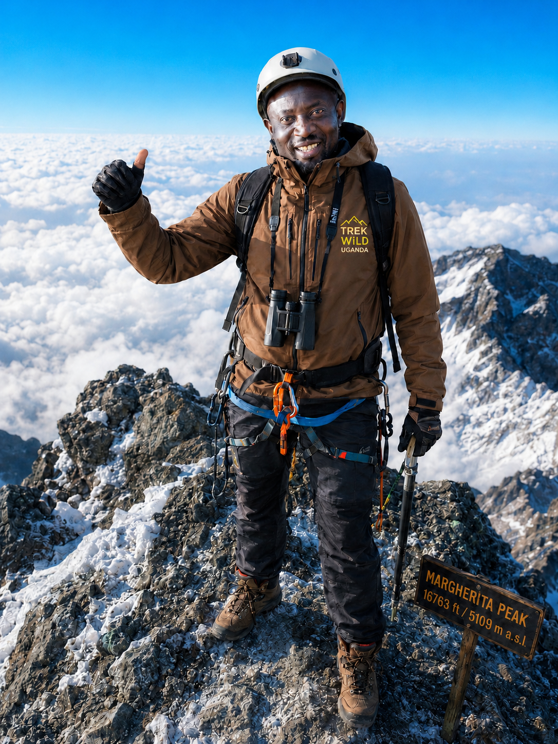Xavier Asaaba, co-founder of Biikuya Trails Uganda, at the snowy summit of Margherita Peak in the Rwenzori Mountains